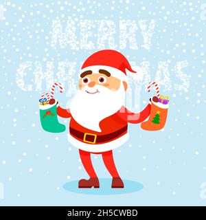 Uomo felice indossando in Babbo Natale abiti con regali su sfondo neve Merry Natale concetto. Illustrazione vettoriale in stile piatto Illustrazione Vettoriale