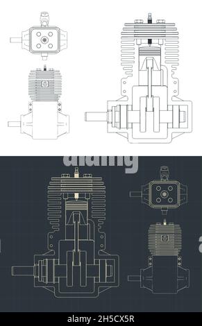Illustrazione vettoriale stilizzata dei progetti del motore a due tempi Illustrazione Vettoriale
