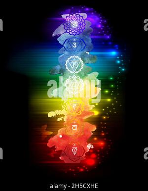 Set di chakra simbolo isolato su sfondo arcobaleno colori Foto Stock