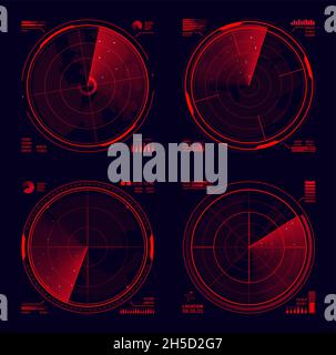 Display radar o sonar militare HUD per rilevamento target, interfaccia utente o design gui. Sistema di navigazione futuristico display vettoriale head-up con radar al neon rosso gri Illustrazione Vettoriale