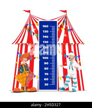 Shapito circus kids height chart, misuratore di crescita con clown. Regolo da parete vettoriale cartoon con grandi artisti top in costumi luminosi a tenda a righe Illustrazione Vettoriale