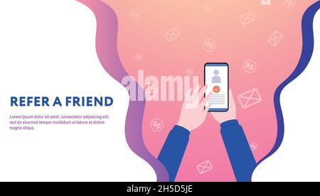 Segnala un concetto amico. Illustrazione vettoriale in design piatto. Marketing sui social media da dispositivi mobili. Modello poster con spazio di copia Illustrazione Vettoriale