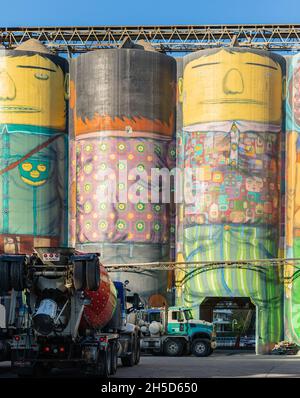 Ocean concrete in Granville Island silos di cemento sono stati trasformati da due famosi artisti di strada brasiliani OS Gemeos. Vancouver BC, Canada-Luglio 29 Foto Stock