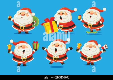 Collezione di set di personaggi di Natale di Babbo Natale. Design piatto di divertente Babbo Natale carino con diverse posture e Natale elementi campana, presente, Illustrazione Vettoriale