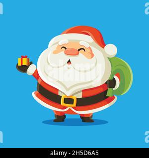 Buon Natale. Babbo Natale che tiene la scatola regalo di Natale presente a portata di mano e che trasporta una borsa. Personaggio di Natale in vettore Illustrazione Vettoriale