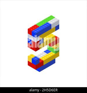 Lettera isometrica 5 assemblata da blocchi di plastica. Illustrazione vettoriale. Illustrazione Vettoriale