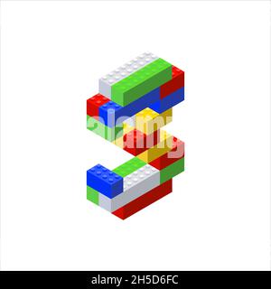 Lettera isometrica 3 assemblata da blocchi di plastica. Illustrazione vettoriale. Illustrazione Vettoriale