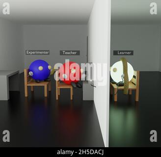 Illustrazione dell'esperimento Stanley Milgram con lo sperimentatore, l'insegnante e l'allievo che è legato ed essere scioccato. Foto Stock