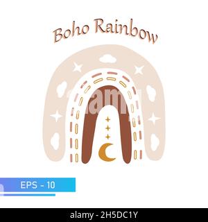 Arcobaleno boho scandinavo con nuvole in colori semplici e delicati per arredamento stanza da bagno. Isolato su sfondo bianco. Illustrazione vettoriale. Illustrazione Vettoriale