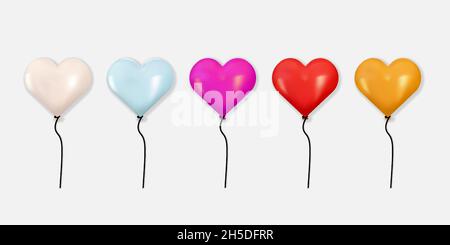set di palloncini di elio. palloncini realistici di forma cardiaca con colori diversi e lucidi. Decorazione oggetto bollature 3D Illustrazione Vettoriale