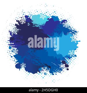 Spazzola invernale con fiocco di neve e sfondo blu con grunge d'inchiostro. Felice anno nuovo con la neve e azzurro colore macchie d'inchiostro. Sfondo natalizio con acquerello vettoriale Illustrazione Vettoriale