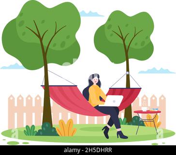 Persone che si trovano su Hammock in Park Flat Cartoon Vector Illustration. Picnic all'aperto per vacanze estive tra due alberi Illustrazione Vettoriale