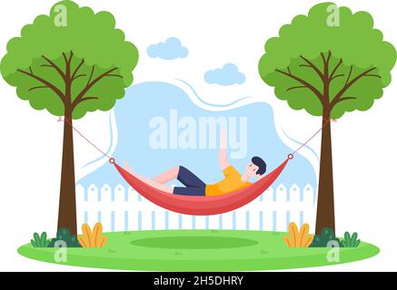 Persone che si trovano su Hammock in Park Flat Cartoon Vector Illustration. Picnic all'aperto per vacanze estive tra due alberi Illustrazione Vettoriale