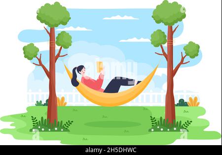 Persone che si trovano su Hammock in Park Flat Cartoon Vector Illustration. Picnic all'aperto per vacanze estive tra due alberi Illustrazione Vettoriale