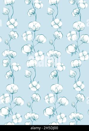 Disegno delicato senza cuciture con schizzi di piante di cotone e steli su sfondo blu. Vettore delicato contorno di erbe con steli con palla soffice Illustrazione Vettoriale