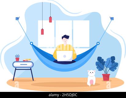 Persone che si trovano su Ammock in Home Flat Cartoon Vector Illustration. Picnic all'aperto per vacanze estive tra due pareti Illustrazione Vettoriale