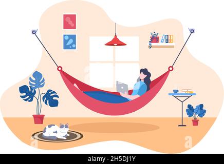 Persone che si trovano su Ammock in Home Flat Cartoon Vector Illustration. Picnic all'aperto per vacanze estive tra due pareti Illustrazione Vettoriale