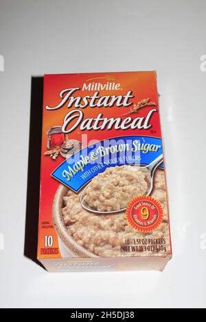 A closeup of Millville Instant Oatmeal shot closeup that's bright and colorful that's in a box. Stock Photo