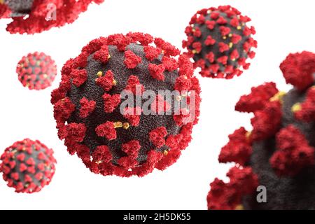 Visualizzazione del virus SARS-COV-2 (COVID19). Illustrazione di un patogeno del coronavirus che galleggia in un ambiente cellulare. Esame microscopico Foto Stock