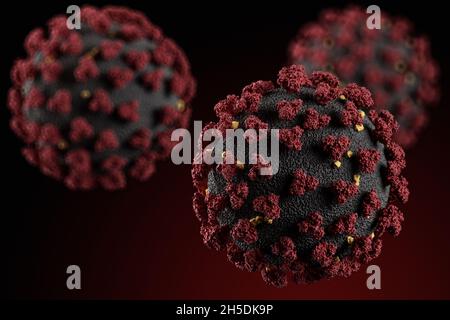 Visualizzazione del virus SARS-COV-2 (COVID19). Illustrazione di un patogeno del coronavirus che galleggia in un ambiente cellulare. Esame microscopico Foto Stock