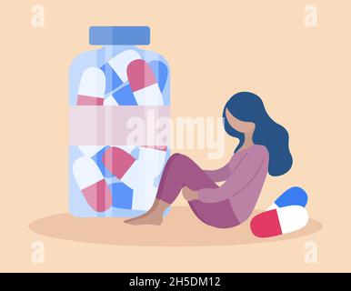 Capsule antidepressive in vaso. Donna depressa seduta e pillole per malattia psicologica. Ragazza triste. Concetto di depressione. Illustrazione piatta vettoriale. Illustrazione Vettoriale