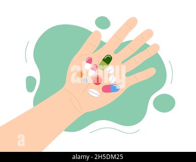 Assunzione di pillole. Medicinali a portata di mano. Vista dall'alto delle palme e medicinali colorati. Concetto di trattamento della malattia. Illustrazione vettoriale. Illustrazione Vettoriale