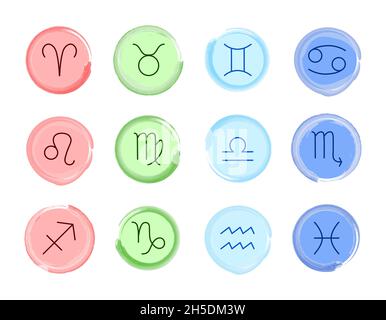Segni zodiacali. Set vettoriale. Simboli zodiaci in quattro colori. Elementi astrologici isolati. Illustrazione Vettoriale