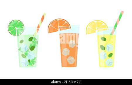 Set di bevande agli agrumi. Limonata, succo d'arancia e mojito in bicchieri isolati. Illustrazione vettoriale. Illustrazione Vettoriale