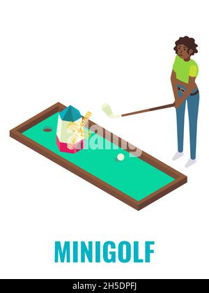 Donna che gioca mini golf gioco arcade, vettore isometrico illustrazione. Attrazioni del club di gioco, attività di divertimento, intrattenimento Illustrazione Vettoriale