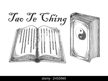 Tao te Ching Taoismo religione Libro Santo. Antichi testi filosofici cinesi, sacre Scritture, disegni vettoriali Illustrazione Vettoriale
