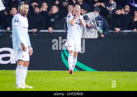 GENK, BELGIO - 4 NOVEMBRE: Vladimir Coufal of West Ham United reagisce durante il gruppo H - UEFA Europa League partita tra KRC Genk e West Ham United alla Cegeka Arena il 4 novembre 2021 a Genk, Belgio (Foto di Joris Verwijst/Orange Pictures) Foto Stock