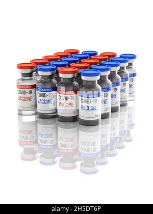 Lotto di vaccino contro il coronavirus. Venti bottiglie di vetro con tappi rossi e blu. Iniezione in due fasi contro il virus COVID-19. Rendering 3D Foto Stock