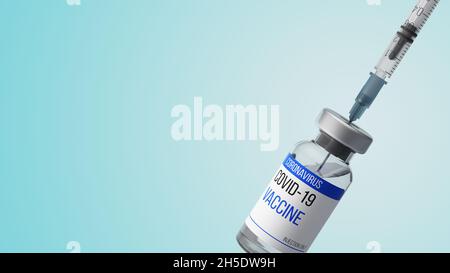 Flaconcino di vaccino del coronavirus con siringa. Bottiglia di vetro. Iniezione contro il virus COVID-19. Rendering 3D Foto Stock