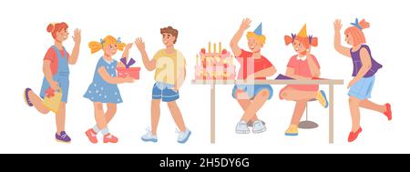 Festa di compleanno del cortile dei bambini. Gruppo di bambini allegri festeggiano il compleanno, Illustrazione Vettoriale