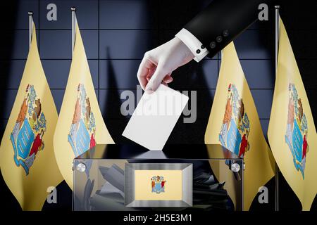 Bandiere del New Jersey, mano che cade la scheda del ballottaggio in una scatola - voto, concetto di elezione - illustrazione 3D Foto Stock