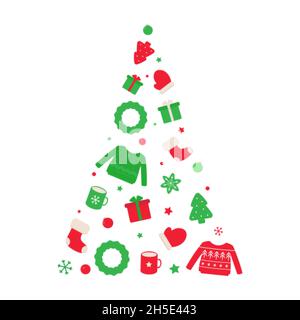 Cue albero di Natale colorato con elementi di vacanza Illustrazione Vettoriale