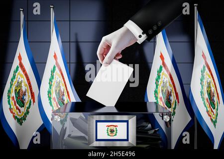 Bandiere del West Virginia, mano che cade la scheda di voto in una scatola - voto, concetto di elezione - illustrazione 3D Foto Stock