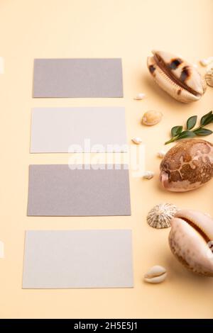 Composizione di biglietti da visita di carta grigia, conchiglie, bosso verde. Mockup su sfondo arancione. Vuoto, vista laterale, fermo immagine, spazio di copia Foto Stock