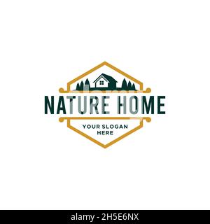 vintage NATURA HOME albero immobiliare logo design Illustrazione Vettoriale