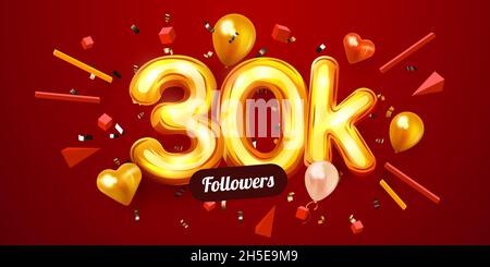 30k o 30000 seguaci grazie. Numeri d'oro, confetti e palloncini. Social Network amici, follower, utenti Web. Abbonati, seguaci o festeggiamenti. Illustrazione vettoriale Illustrazione Vettoriale