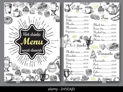 Bevande calde e dolci modello vettoriale menu A4 Illustrazione Vettoriale