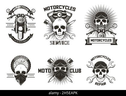 Etichette vintage nere per cranio moto, loghi immagine isolata vettoriale Illustrazione Vettoriale