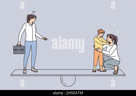 La donna sceglie tra lavoro e vita personale o congedo di maternità. Equilibrio di carriera e famiglia. Donna d'affari e madre con bambino su lati di scale. Illustrazione vettoriale piatta, carattere cartoon. Illustrazione Vettoriale