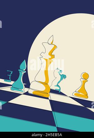 Poster con pezzi di scacchi sul tabellone. Design della targhetta in stile doodle. Illustrazione Vettoriale