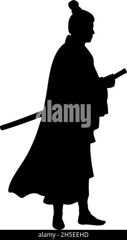 Silhouette Samurai guerriero con spada katana. Illustrazione Vettoriale