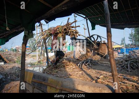 Roorkee, uttarakhand, India - 7 novembre 2021: Un lavoratore mette la canna da zucchero in una macchina frantumatrice per estrarre il succo durante la produzione di jaggery ad un Jagger Foto Stock