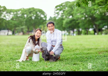 Coppia giapponese senior in un parco cittadino Foto Stock