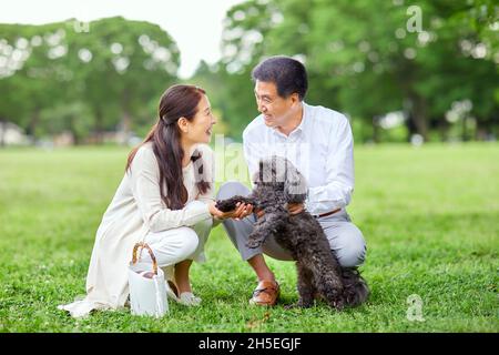 Coppia giapponese senior in un parco cittadino Foto Stock