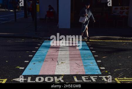 Londra, Regno Unito. 9 novembre 2021. Quattro nuovi incroci con colori della bandiera trans sono stati svelati su Marchmont Street e Tavistock Place a Bloomsbury, a sostegno della comunità trans. Credit: Vuk Valcic / Alamy Live News Foto Stock