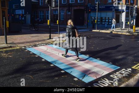 Londra, Regno Unito. 9 novembre 2021. Quattro nuovi incroci con colori della bandiera trans sono stati svelati su Marchmont Street e Tavistock Place a Bloomsbury, a sostegno della comunità trans. Credit: Vuk Valcic / Alamy Live News Foto Stock